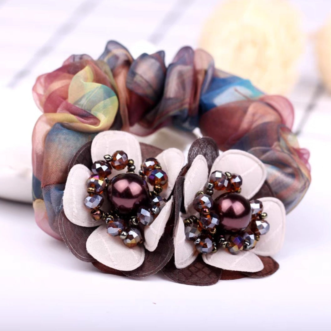 Crystal Large Flower Mesh Hair Tie Scruchies