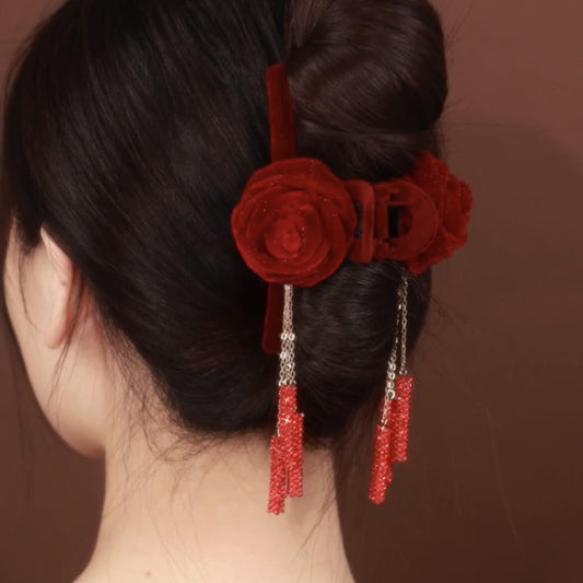 Handmade Red Rose Tassel Hair Claw Clips