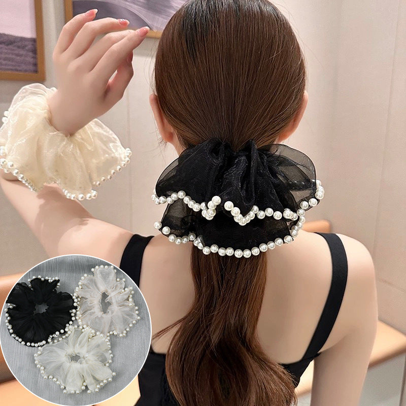 Large Mesh Pearl Ponytail Holder Hair Scruchies - SHEFAV