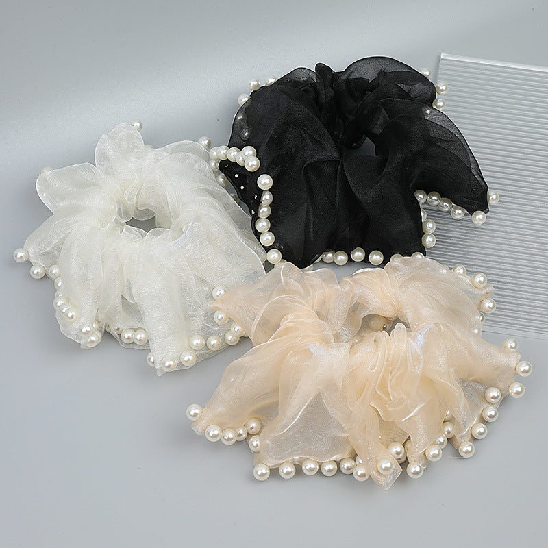 Large Mesh Pearl Ponytail Holder Hair Scruchies - SHEFAV
