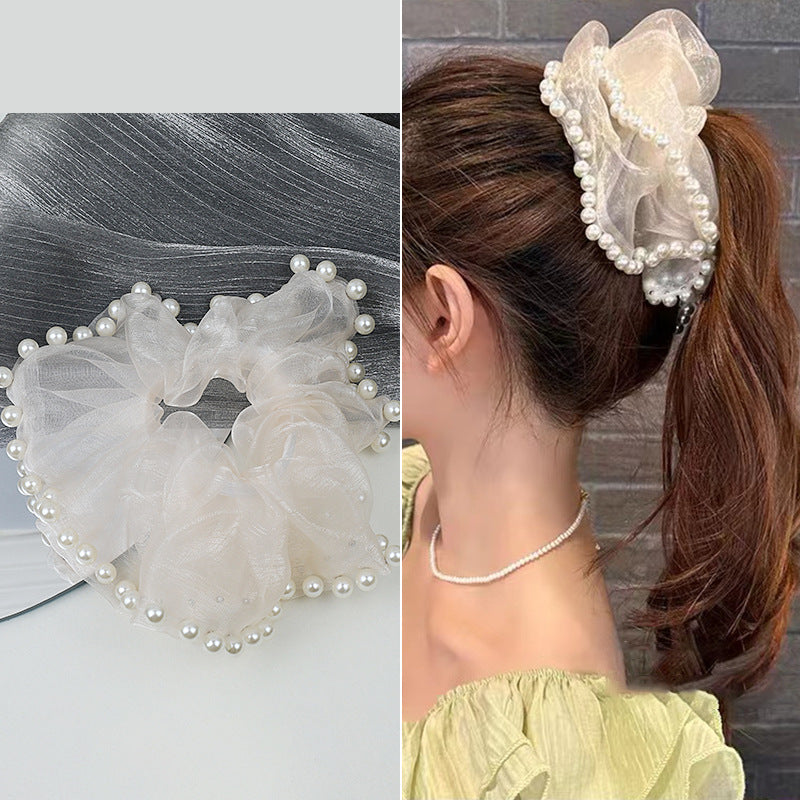 Large Mesh Pearl Ponytail Holder Hair Scruchies - SHEFAV