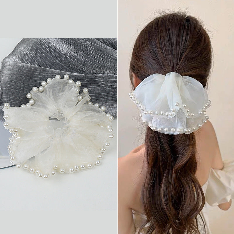 Large Mesh Pearl Ponytail Holder Hair Scruchies - SHEFAV