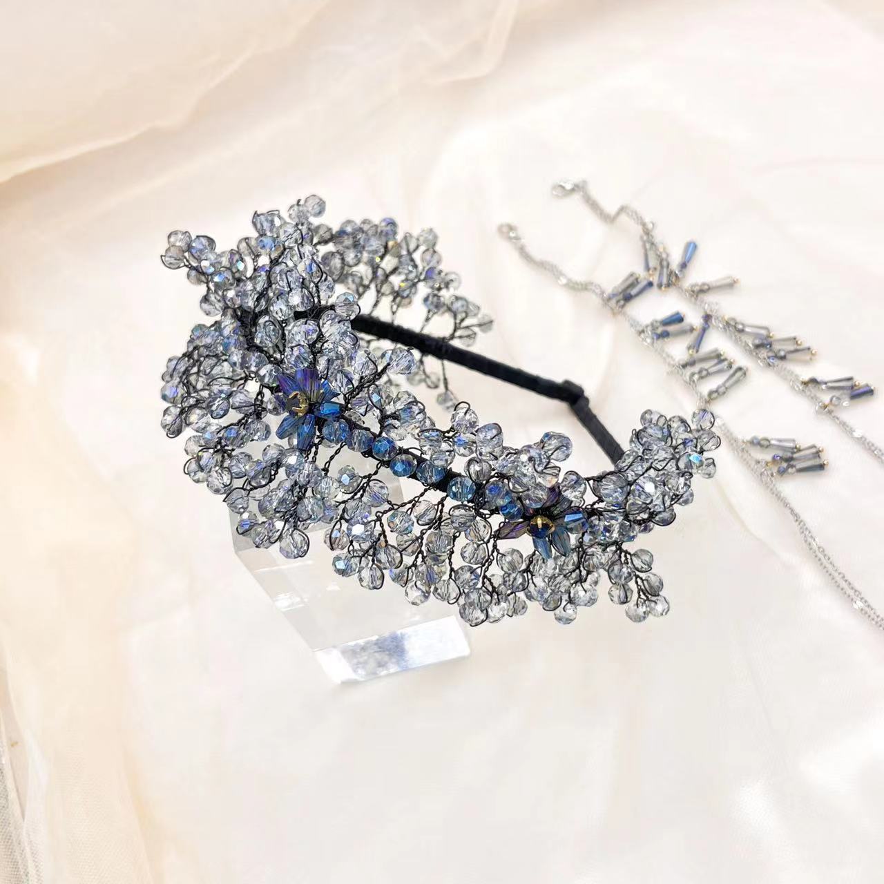 Handmade Knitted Crystal Headband with Detachable Tassel