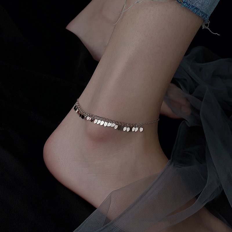 S925 Silver Leaf Tassel Anklet Boho Beach Foot Chain