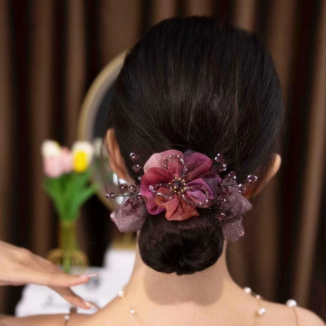 Handmade Large Mesh Flower Hair Tie Scruchies-SheFav
