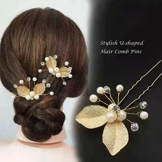 SheFav Golden Leaves Pearl U Shape Hair Pin Hair Clips