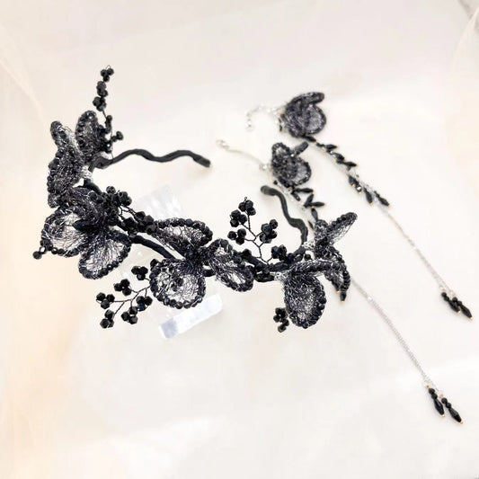 Handmade Knitted Black Bead Flower Headband - SHEFAV