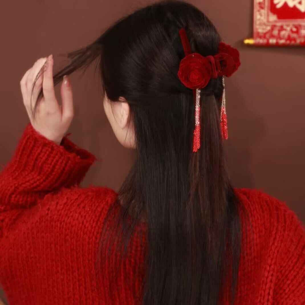 Handmade Red Rose Tassel Hair Claw Clips