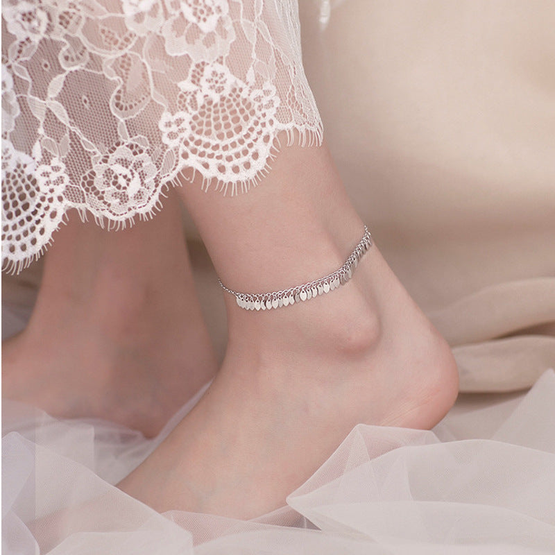 S925 Silver Leaf Tassel Anklet Boho Beach Foot Chain