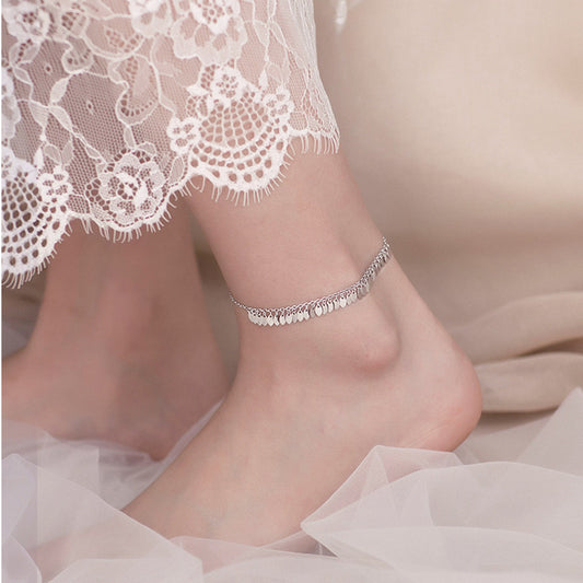 S925 Silver Leaf Tassel Anklet Boho Beach Foot Chain