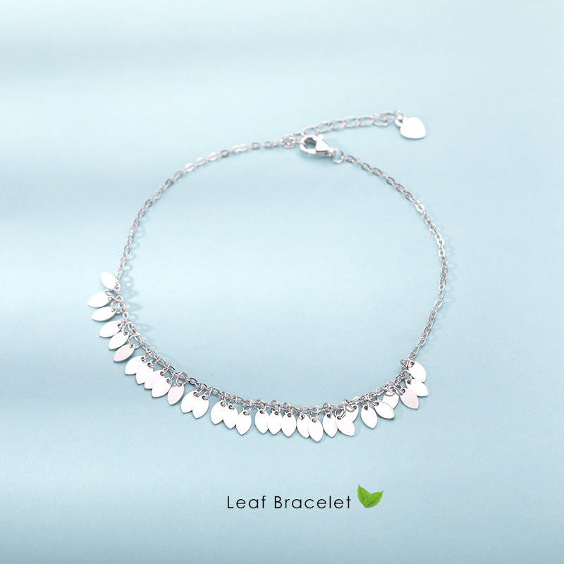S925 Silver Leaf Tassel Anklet Boho Beach Foot Chain
