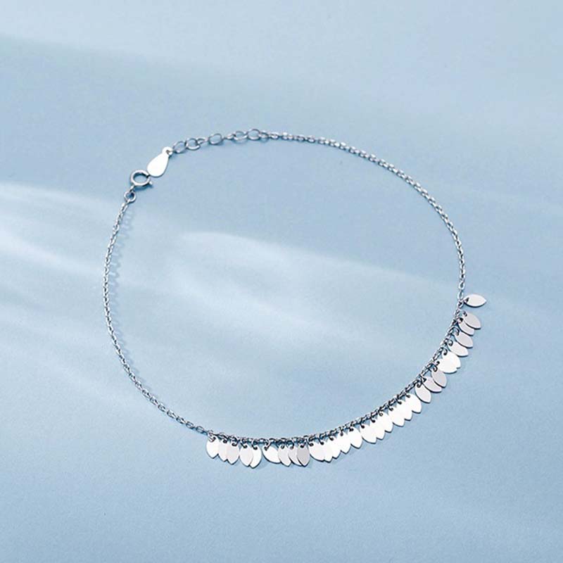S925 Silver Leaf Tassel Anklet Boho Beach Foot Chain