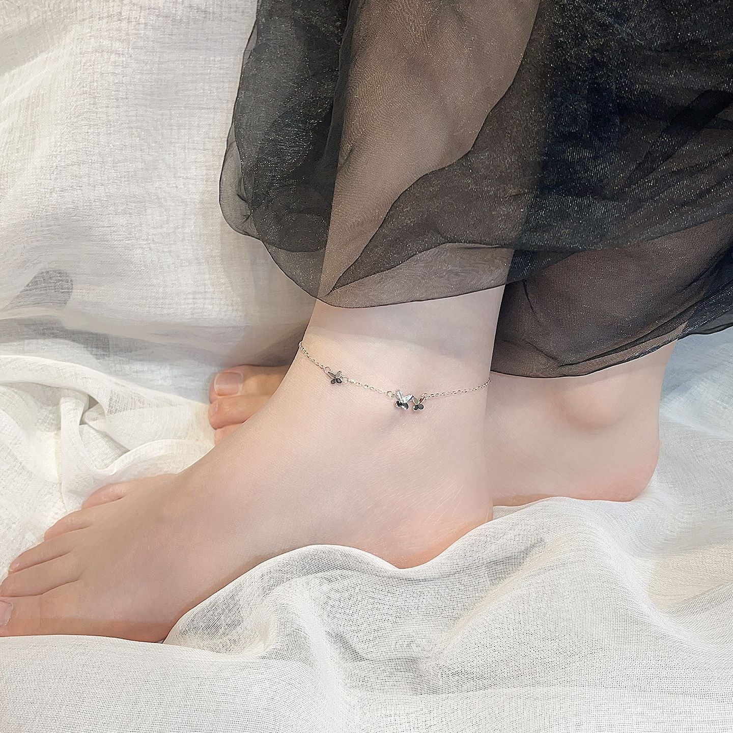 S925 Sterling Silver Tiny Butterfly Adjustable Anklet Foot Chain