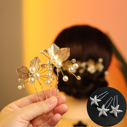 Golden Leaves Pearl U Shape Hair Pin Hair Clips