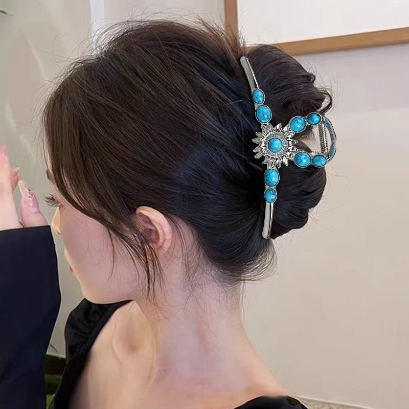 SheFav Large Turquoise Hair Claw Clip For Thick Hair, Vintage Alloy Shark Clip For Updo Hairstyles