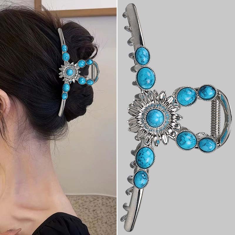 SheFav Large Turquoise Hair Claw Clip For Thick Hair, Vintage Alloy Shark Clip For Updo Hairstyles