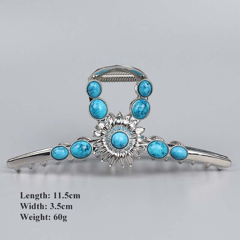 SheFav Large Turquoise Hair Claw Clip For Thick Hair, Vintage Alloy Shark Clip For Updo Hairstyles