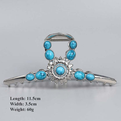 SheFav Large Turquoise Hair Claw Clip For Thick Hair, Vintage Alloy Shark Clip For Updo Hairstyles
