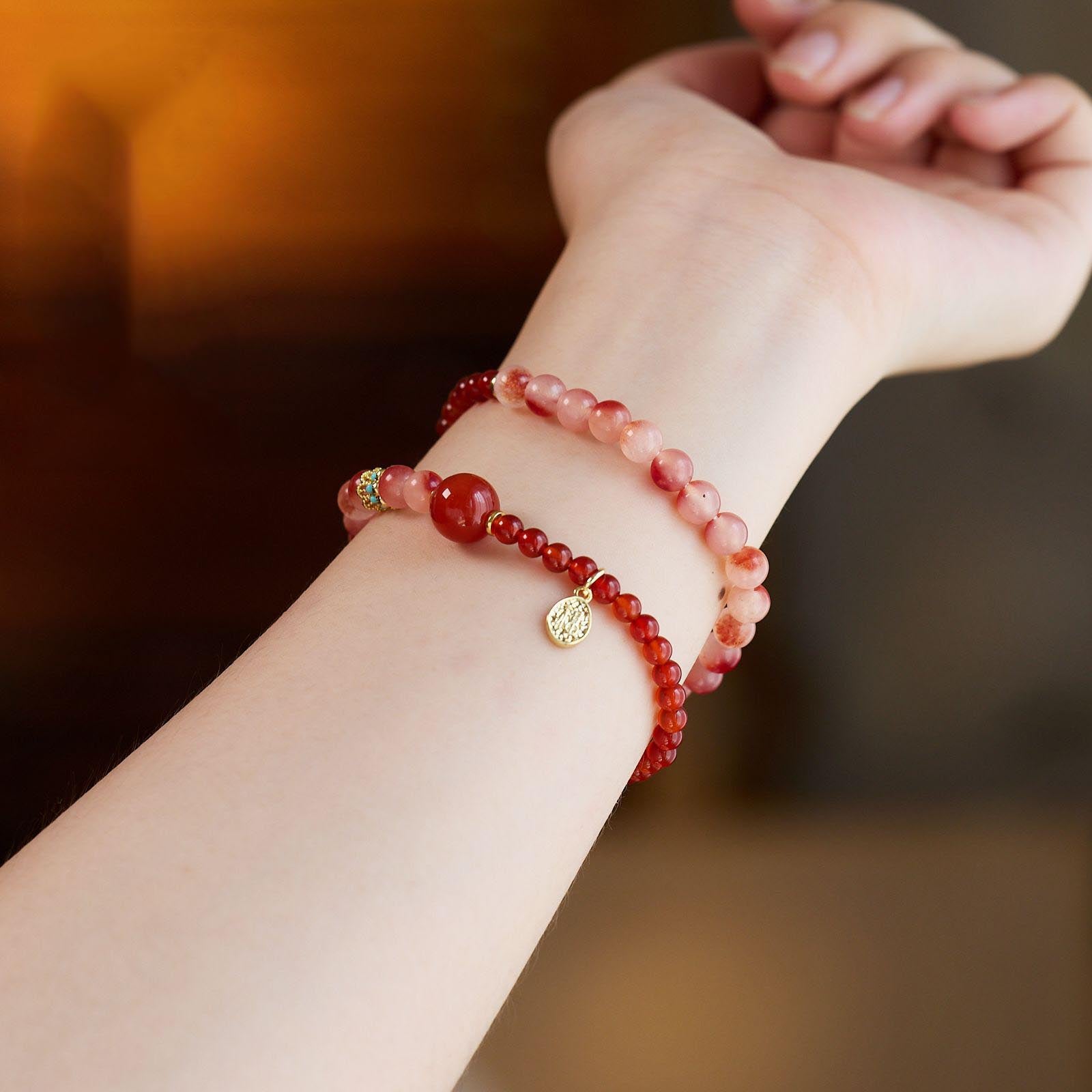 SheFav Red Agate & Flower Agate Double-Loop Healing Bracelet with Fortune Fu Charm