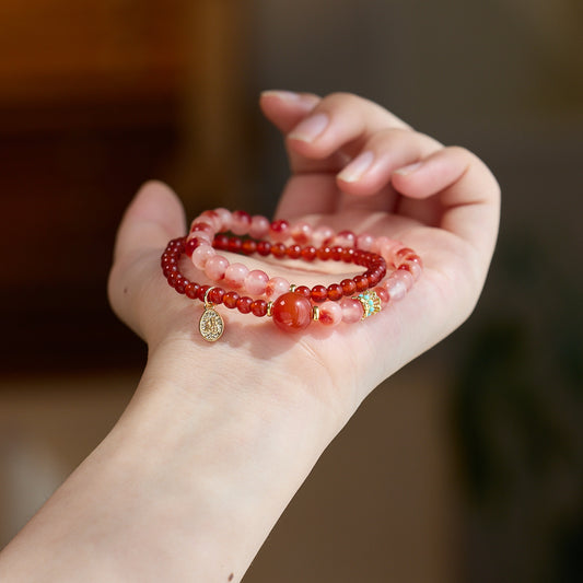 SheFav Red Agate & Flower Agate Double-Loop Healing Bracelet with Fortune Fu Charm