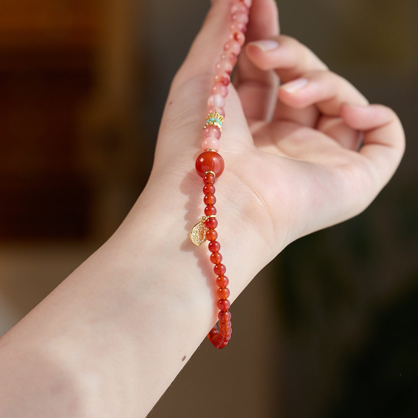 SheFav Red Agate & Flower Agate Double-Loop Healing Bracelet with Fortune Fu Charm