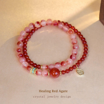 SheFav Red Agate & Flower Agate Double-Loop Healing Bracelet with Fortune Fu Charm
