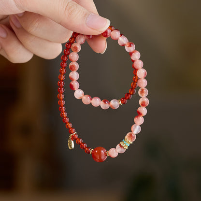 SheFav Red Agate & Flower Agate Double-Loop Healing Bracelet with Fortune Fu Charm