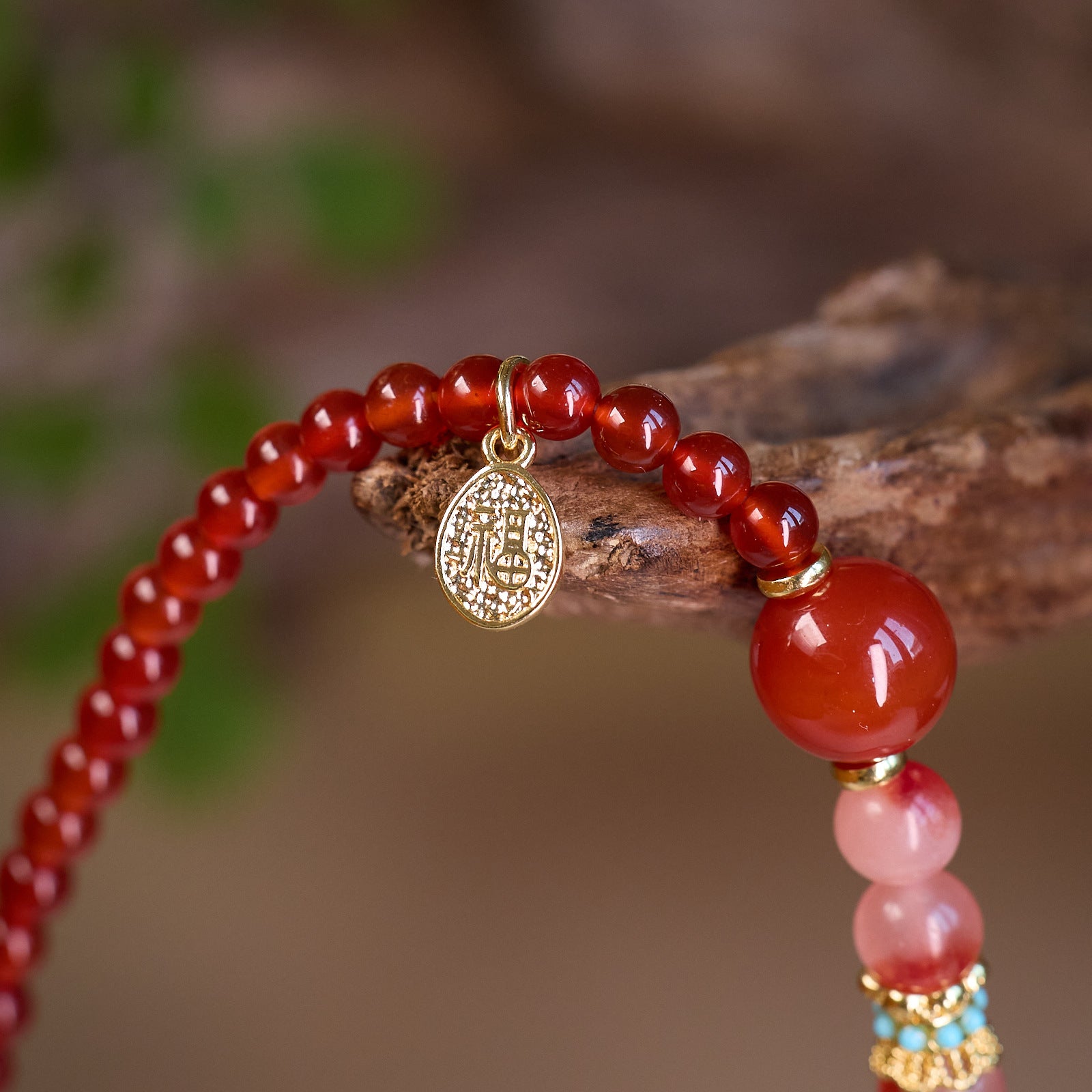 SheFav Red Agate & Flower Agate Double-Loop Healing Bracelet with Fortune Fu Charm