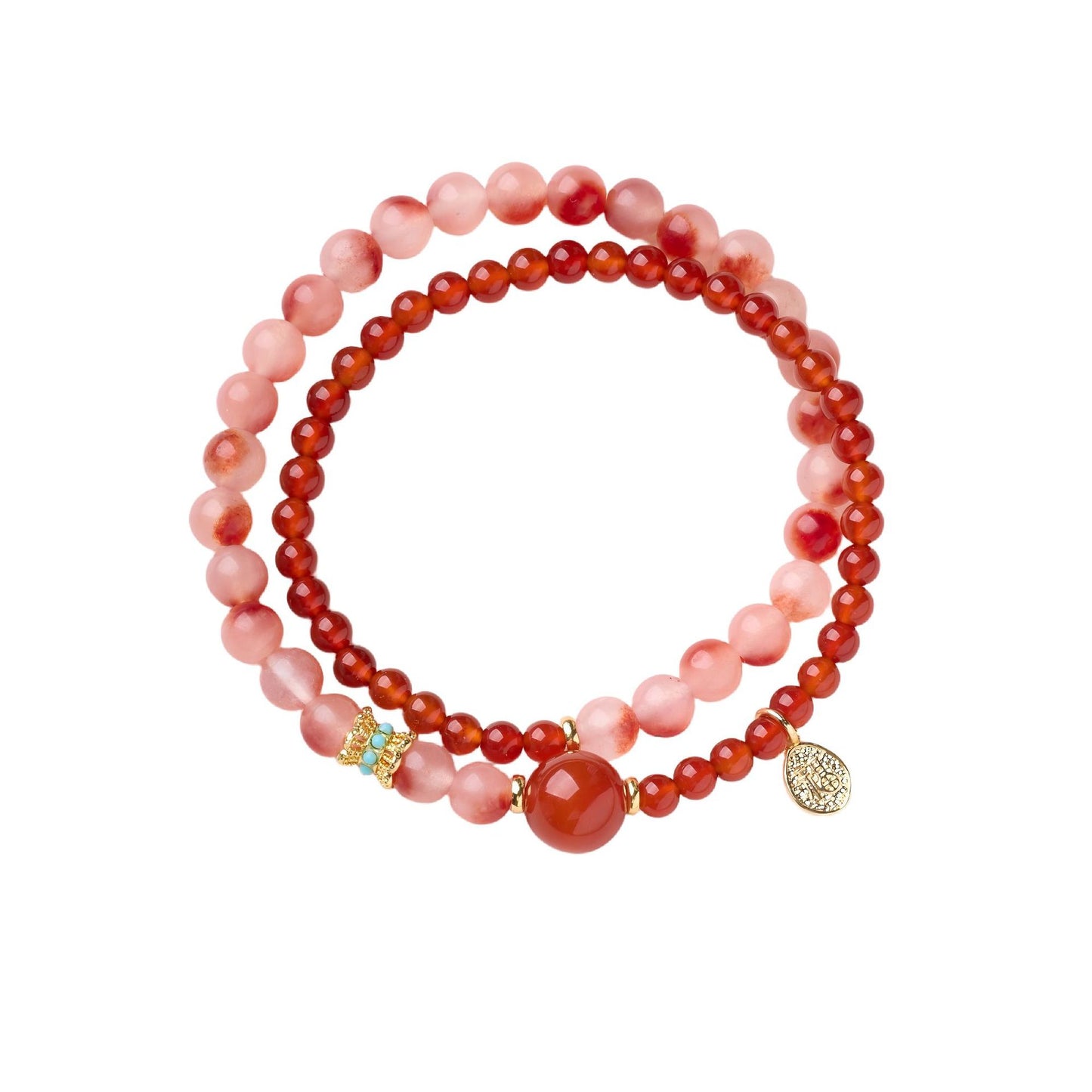 SheFav Red Agate & Flower Agate Double-Loop Healing Bracelet with Fortune Fu Charm