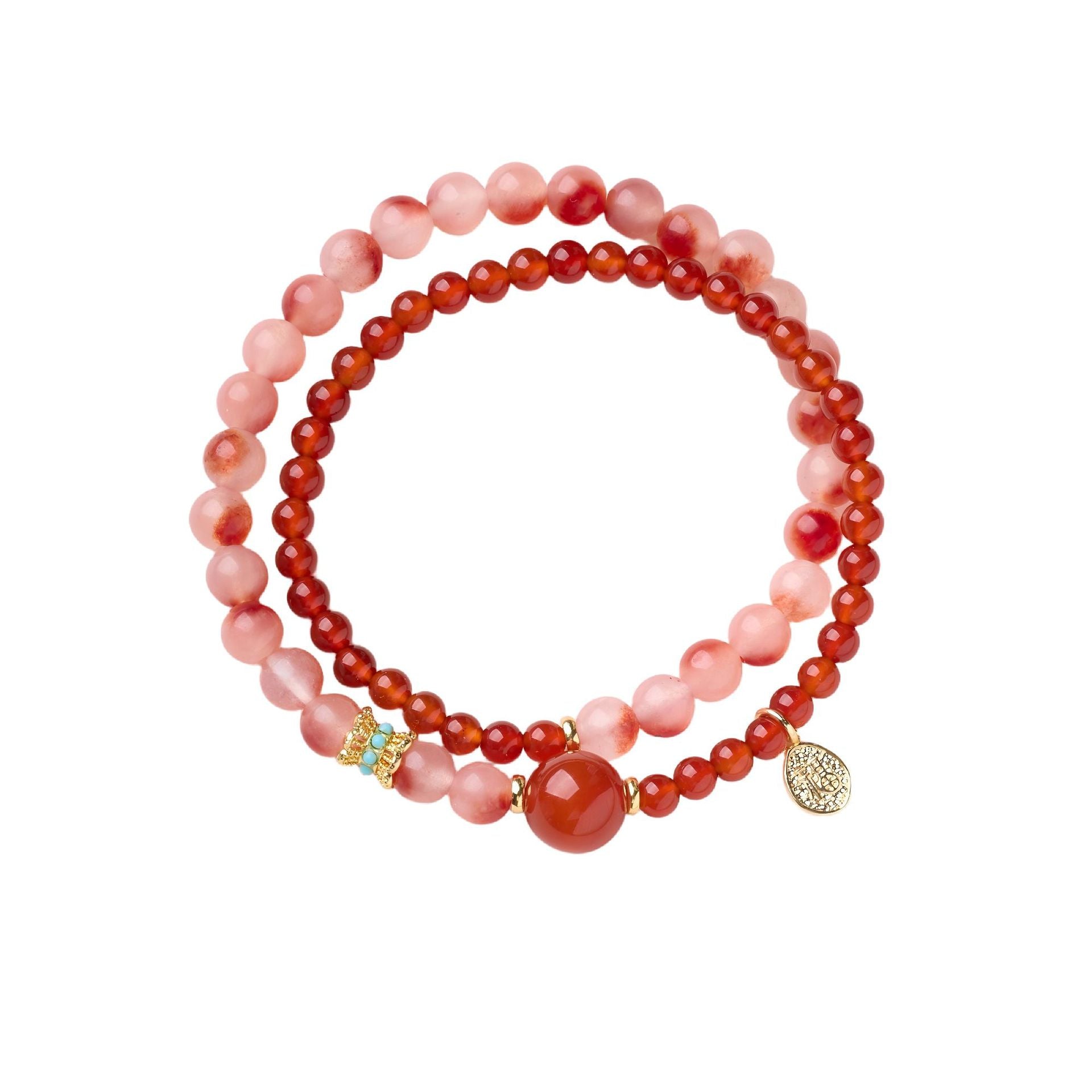 SheFav Red Agate & Flower Agate Double-Loop Healing Bracelet with Fortune Fu Charm