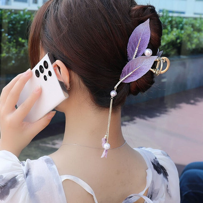 SheFav Vintage Leaves Pearl Tassel Large Hair Claw Clips