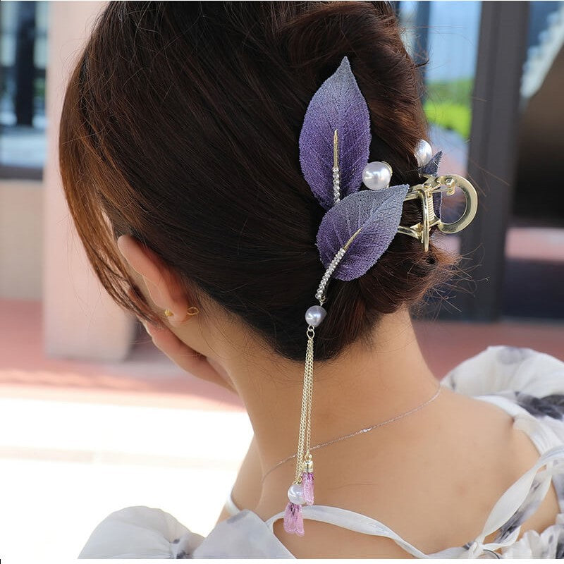 SheFav Vintage Leaves Pearl Tassel Large Hair Claw Clips