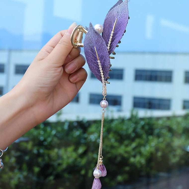 SheFav Vintage Leaves Pearl Tassel Large Hair Claw Clips