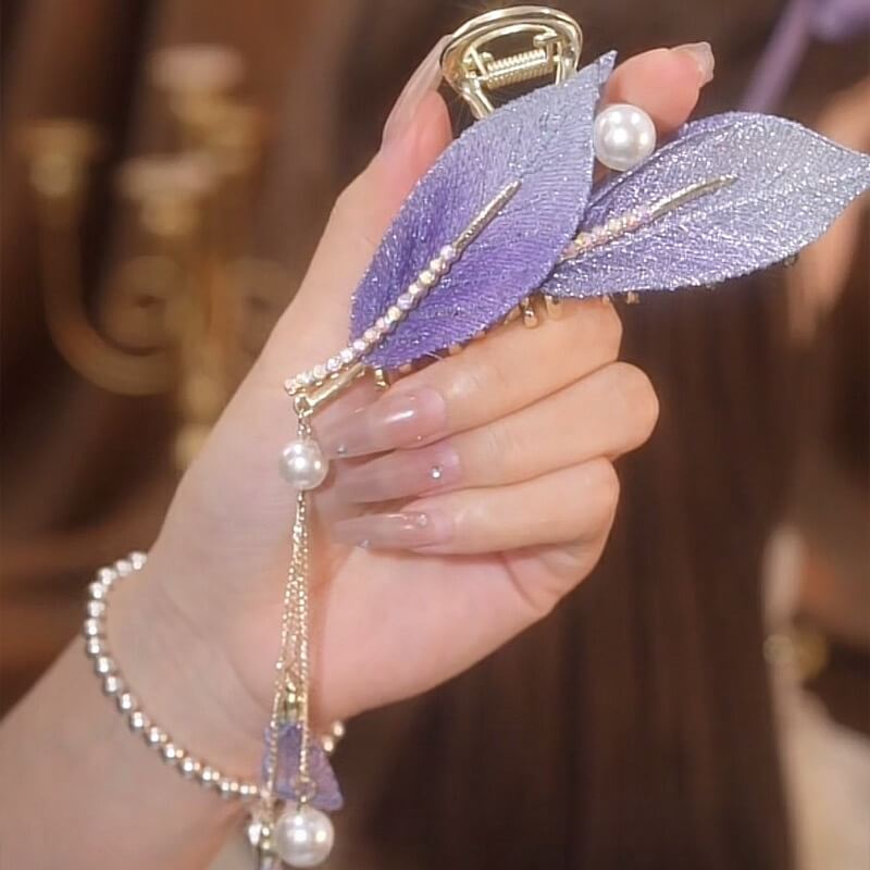 SheFav Vintage Leaves Pearl Tassel Large Hair Claw Clips