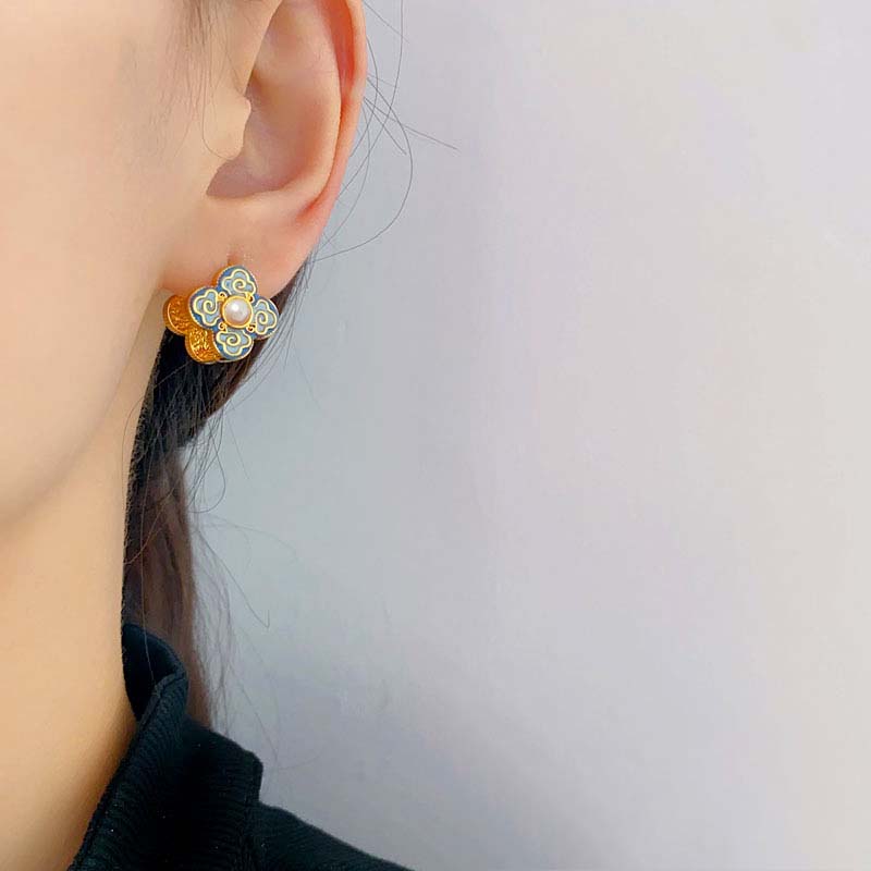 SheFav Cloud Clover Pearl Huggie Earrings-