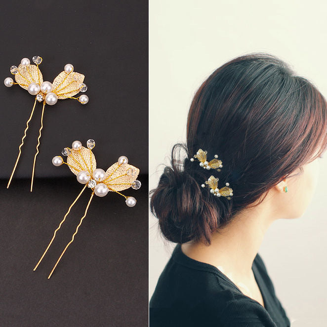 SheFav Golden Leaves Pearl U Shape Hair Pin Hair Clips