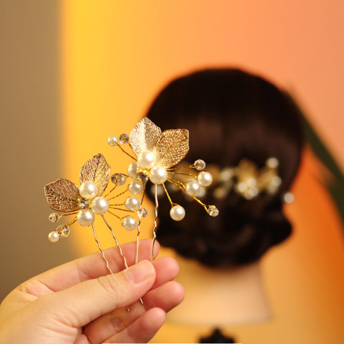 SheFav Golden Leaves Pearl U Shape Hair Pin Hair Clips
