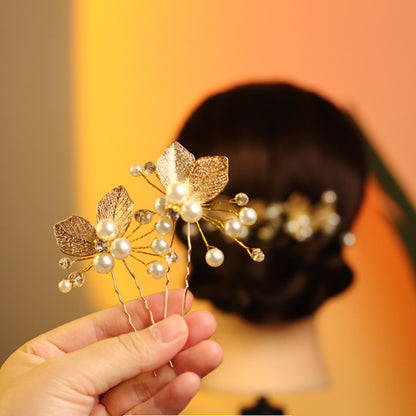 SheFav Golden Leaves Pearl U Shape Hair Pin Hair Clips