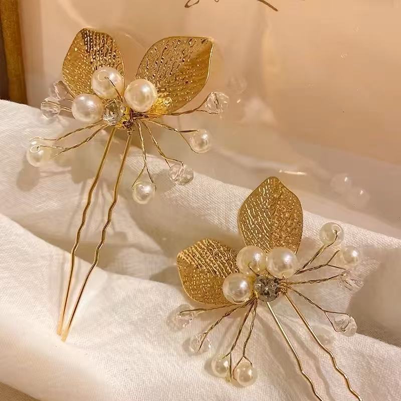 SheFav Golden Leaves Pearl U Shape Hair Pin Hair Clips