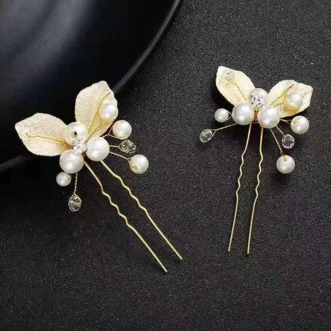 SheFav Golden Leaves Pearl U Shape Hair Pin Hair Clips