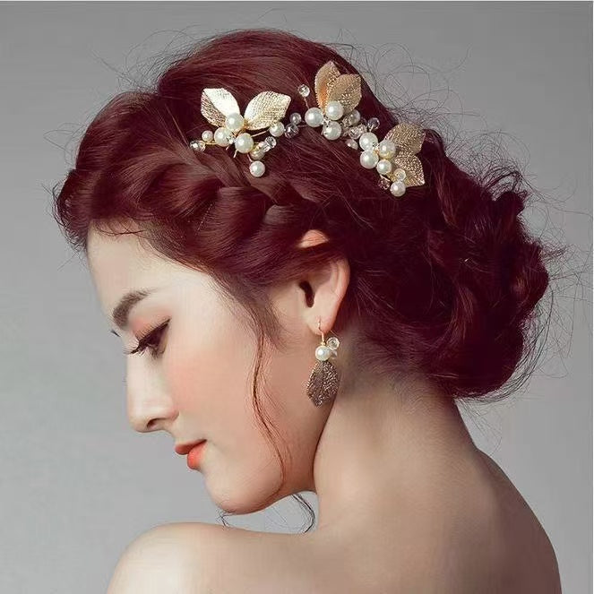 SheFav Golden Leaves Pearl U Shape Hair Pin Hair Clips
