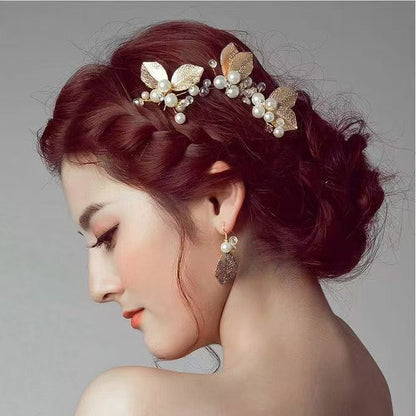 SheFav Golden Leaves Pearl U Shape Hair Pin Hair Clips