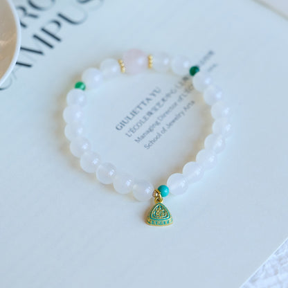 White Agate Beaded Bracelet with Enamel Lucky Charm